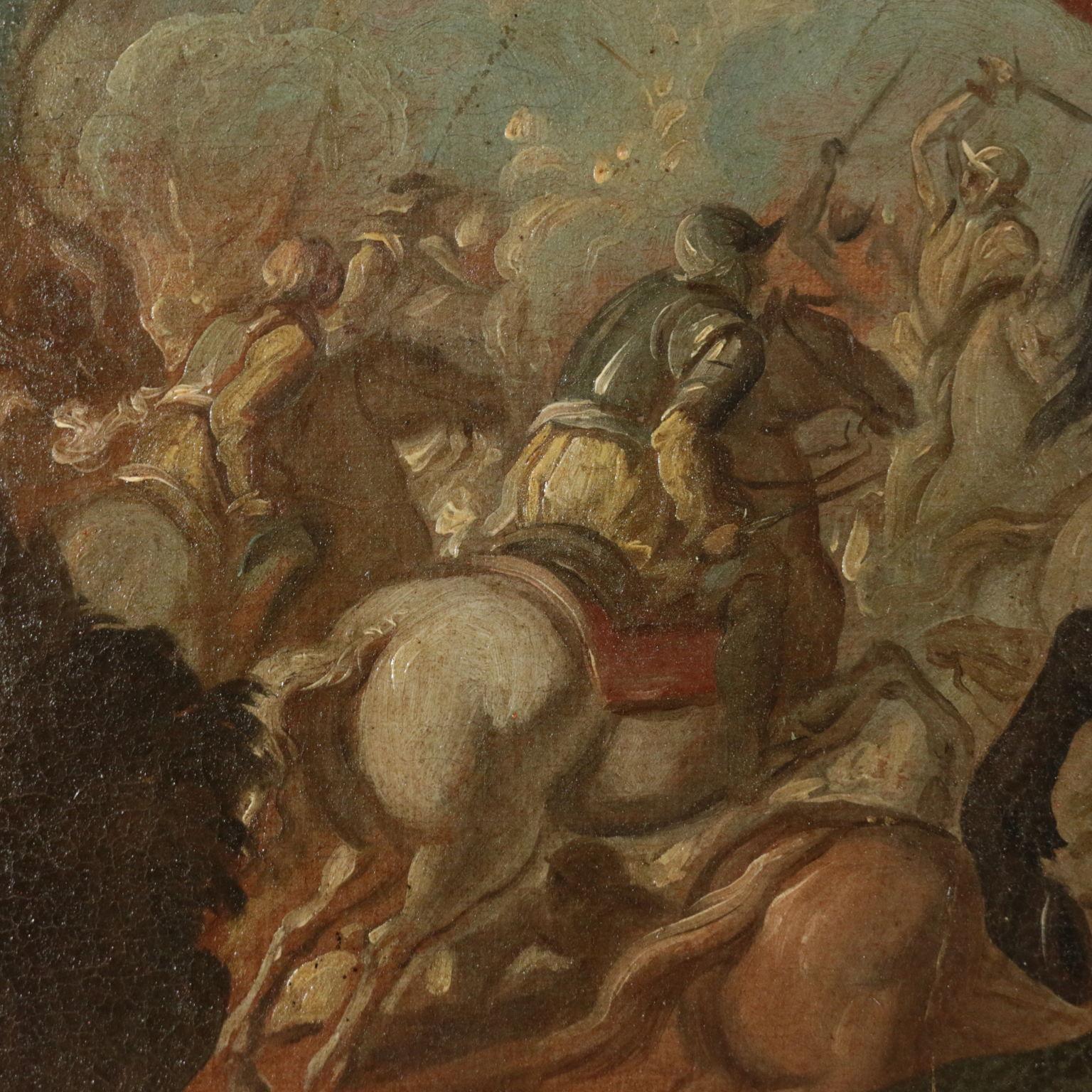 Oil on canvas. Mittel-European School. There is a No.S monogram on the back and numbers probably from an inventory. The painting reminds of pieces from the Austrian area. It represents a battle between knights, it is dominated in the foreground by