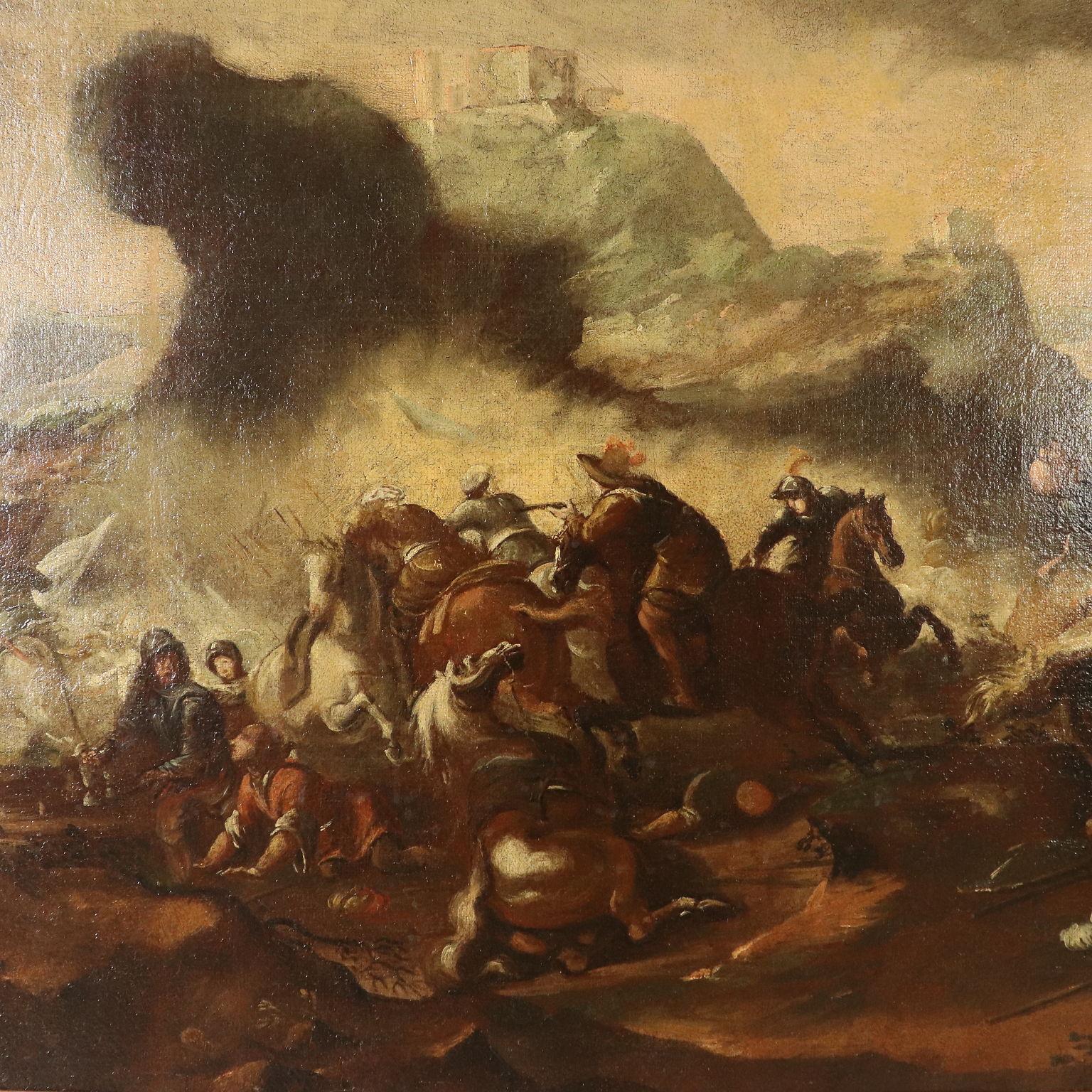 Battle Scene Oil on Canvas Late 17th Century - Brown Landscape Painting by Unknown