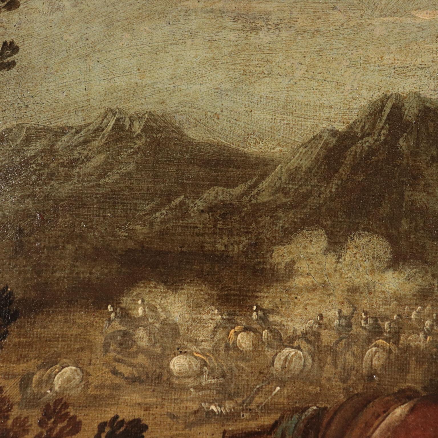 Oil on canvas. Neapolitan school. The scene focuses on a particular moment of the battle, represented on the left background as a cloud of dust that cover men fighting in a barren mountain landscape; the right side is occupied by the drama of some