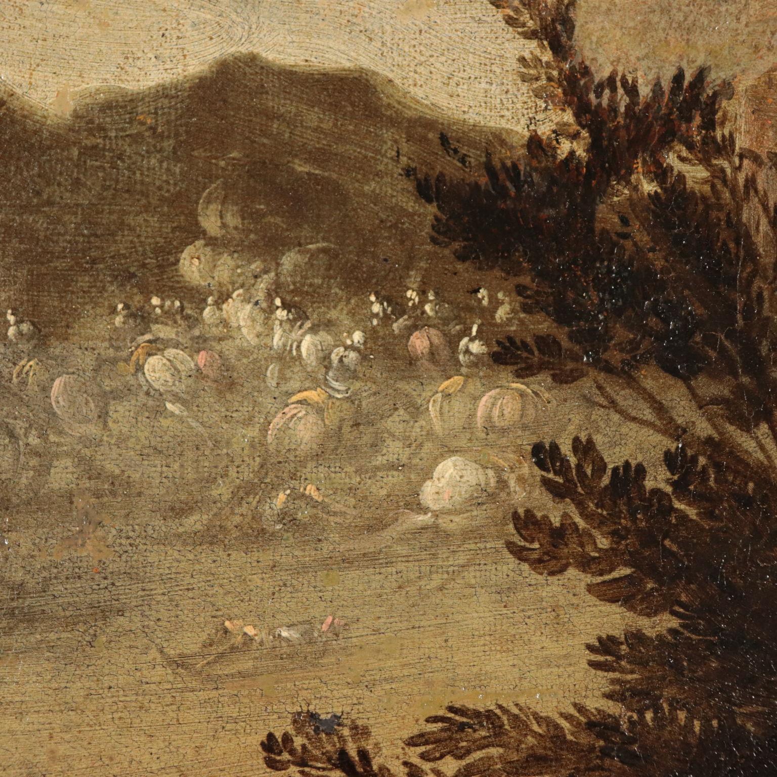 Oil on canvas. Neapolitan school. The scene focuses on a particular moment of the battle, represented on the left background as a cloud of dust that cover men fighting in a barren mountain landscape; the right side is occupied by the drama of some