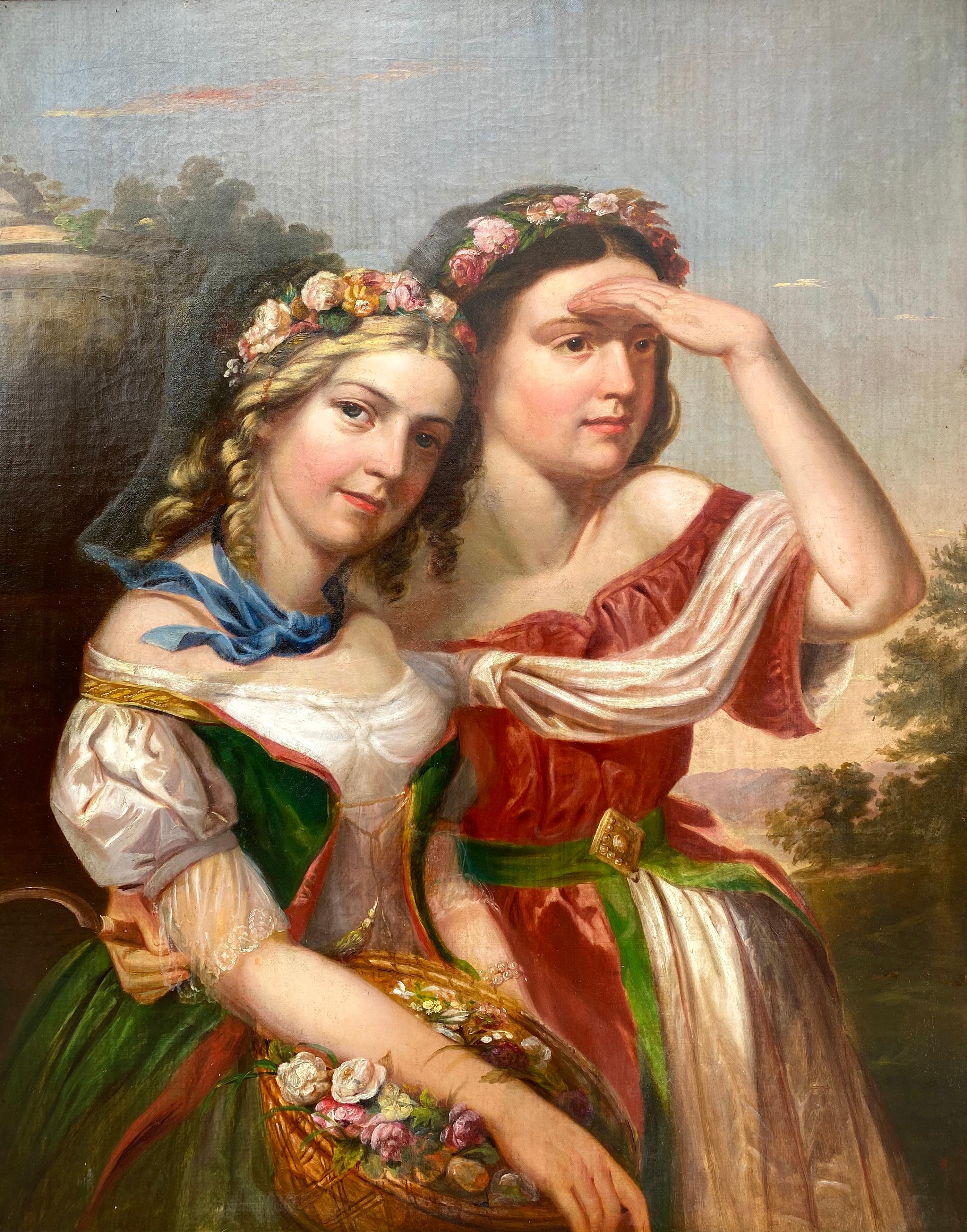 Unknown Figurative Painting – Geblümte bayerische Blume Mädchen