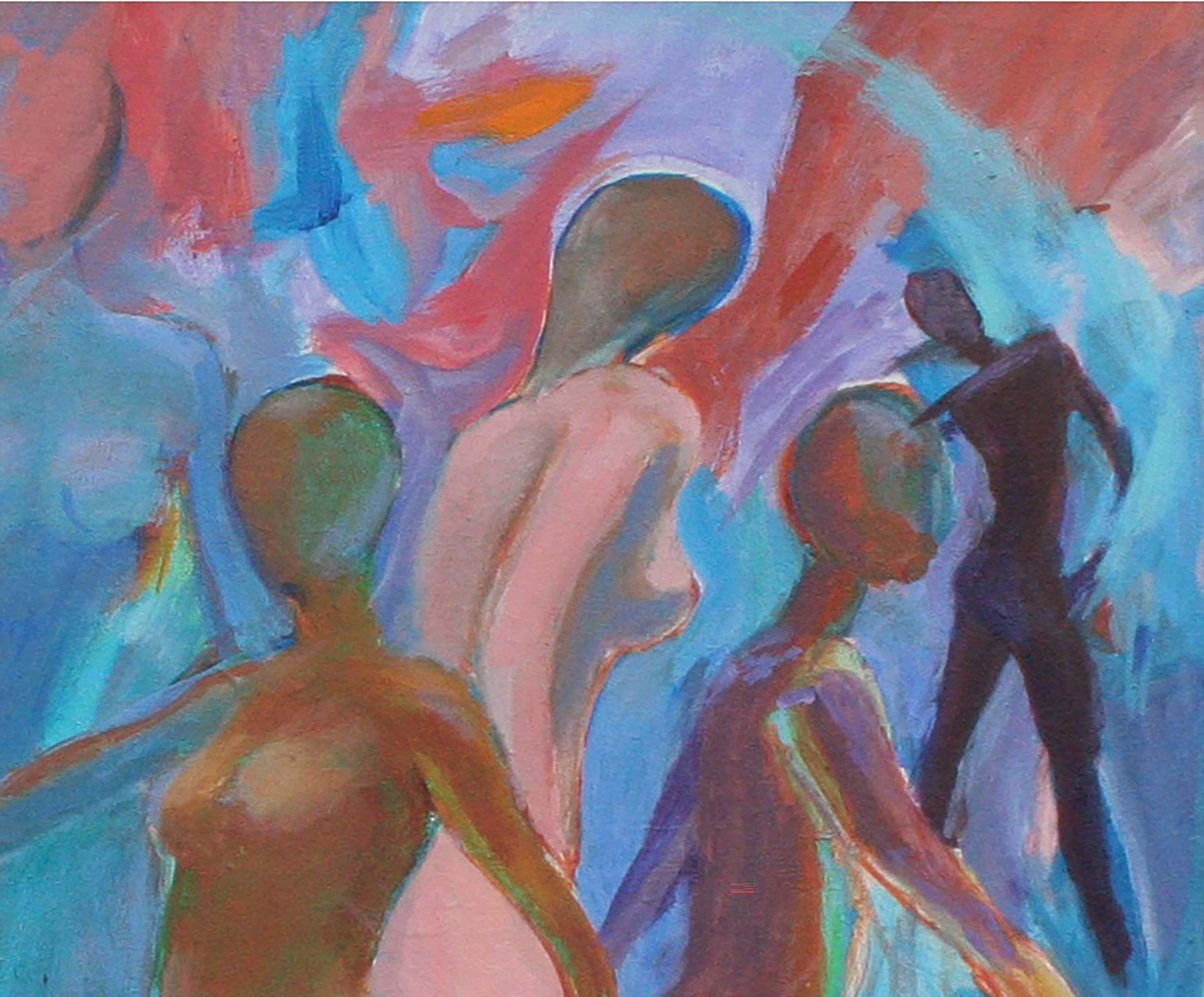 Mid-Century Modern Dancers Figurative Abstrakt, Bay Area Figurative Schule 1960s

Eine prächtige und farbenfrohe figurative Abstraktion aus der Mitte des Jahrhunderts von Tänzern in Bewegung von einem unbekannten figurativen Künstler aus der Bay