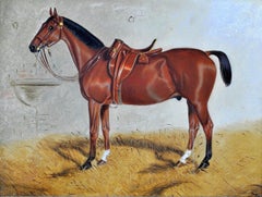 Bay Horse in a Stable - 19th Century Oil on Board Antique Animal Painting