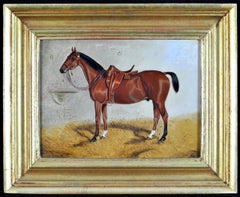 Bay Horse in a Stable - 19th Century Oil on Board Antique Animal Painting