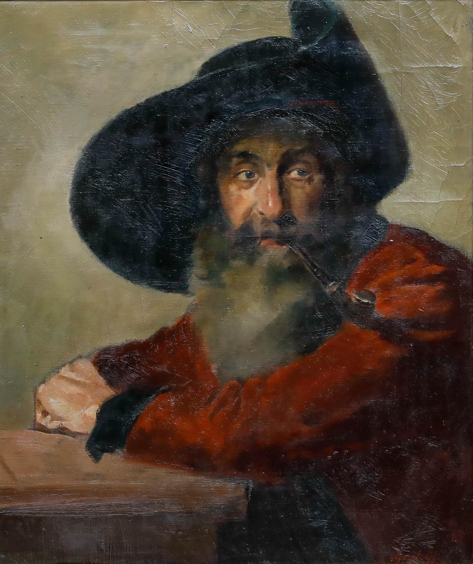 Bazel - Framed 1946 Oil, Portrait of a Man with Pipe - Painting by Unknown