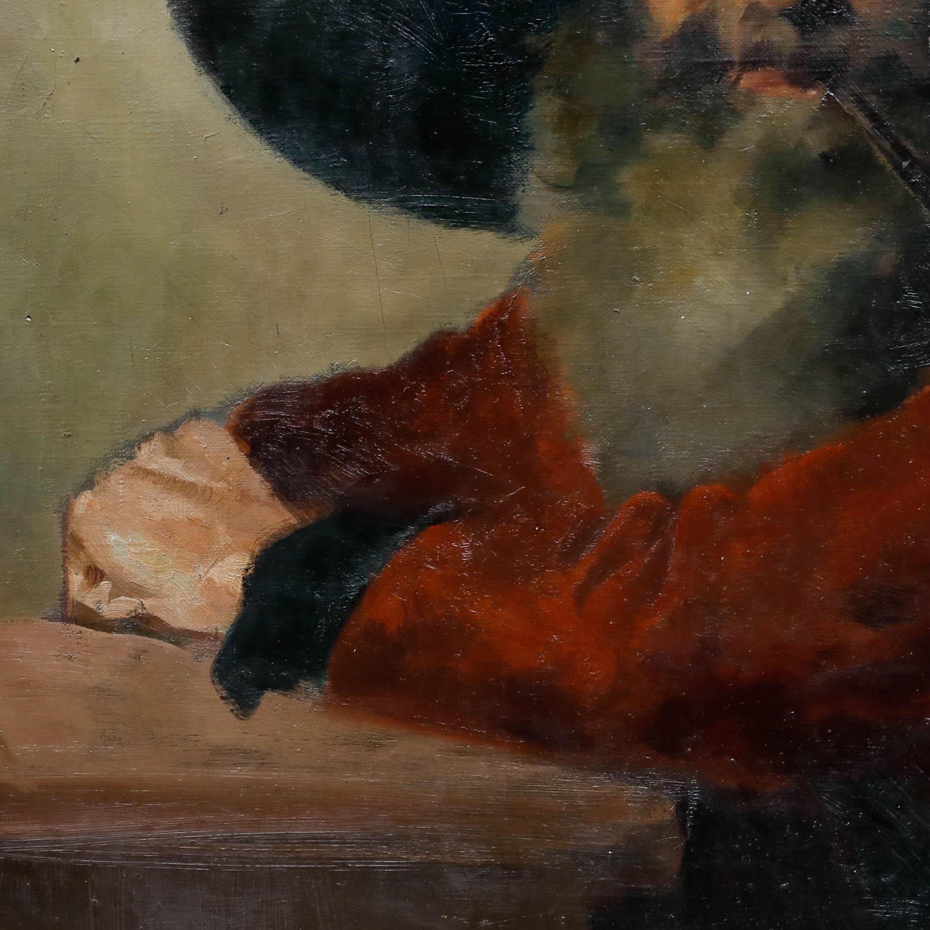 In a warm room a man leans against a bar whilst gazing over his shoulder with curiosity and smoking on his impressive-looking pipe. He has a calm expression on his face, which is enveloped by a large beard and even larger brimmed hat. Presented in