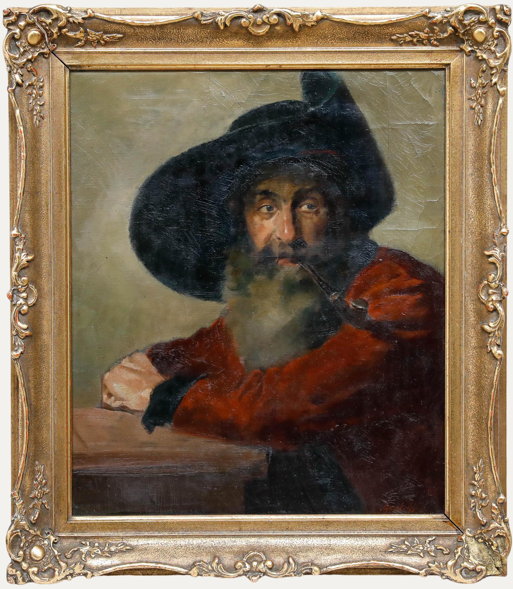 Unknown Portrait Painting - Bazel - Framed 1946 Oil, Portrait of a Man with Pipe