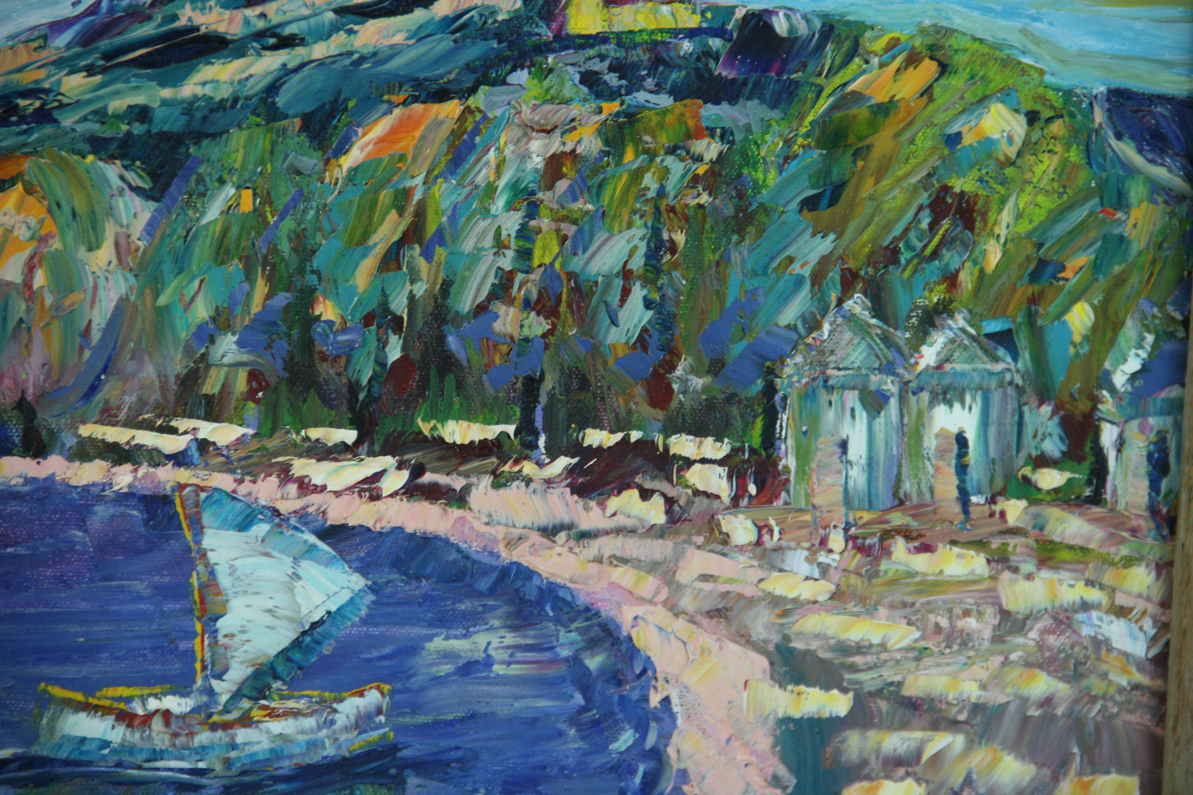 Vintage impasto oil painting beach scene  on the French Riviera
Signed on verso Nikki 1955