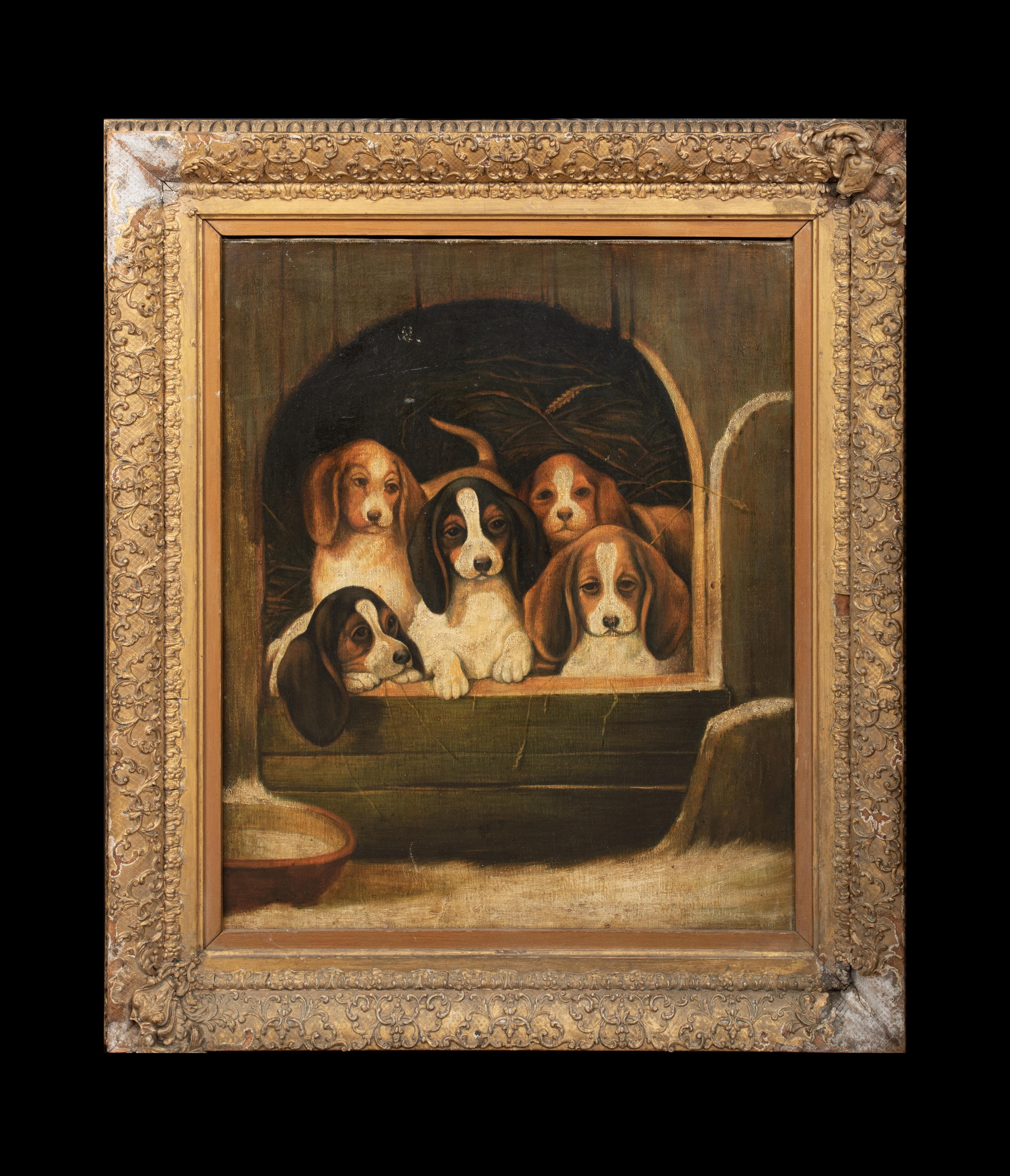 Beagle Puppies In A Kennel, 19th Century  English School - Painting by Unknown