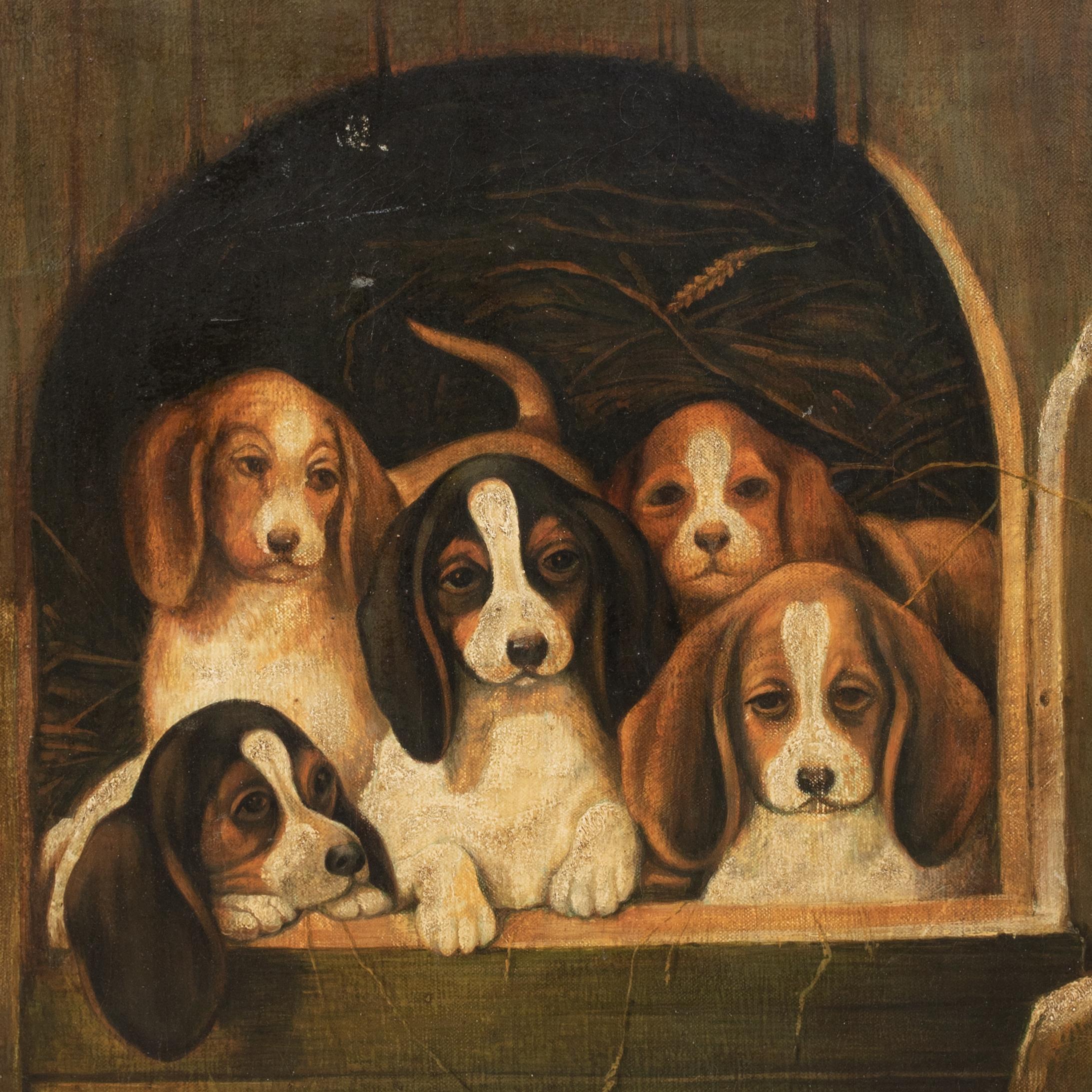 Beagle Puppies In A Kennel, 19th Century  English School For Sale 1