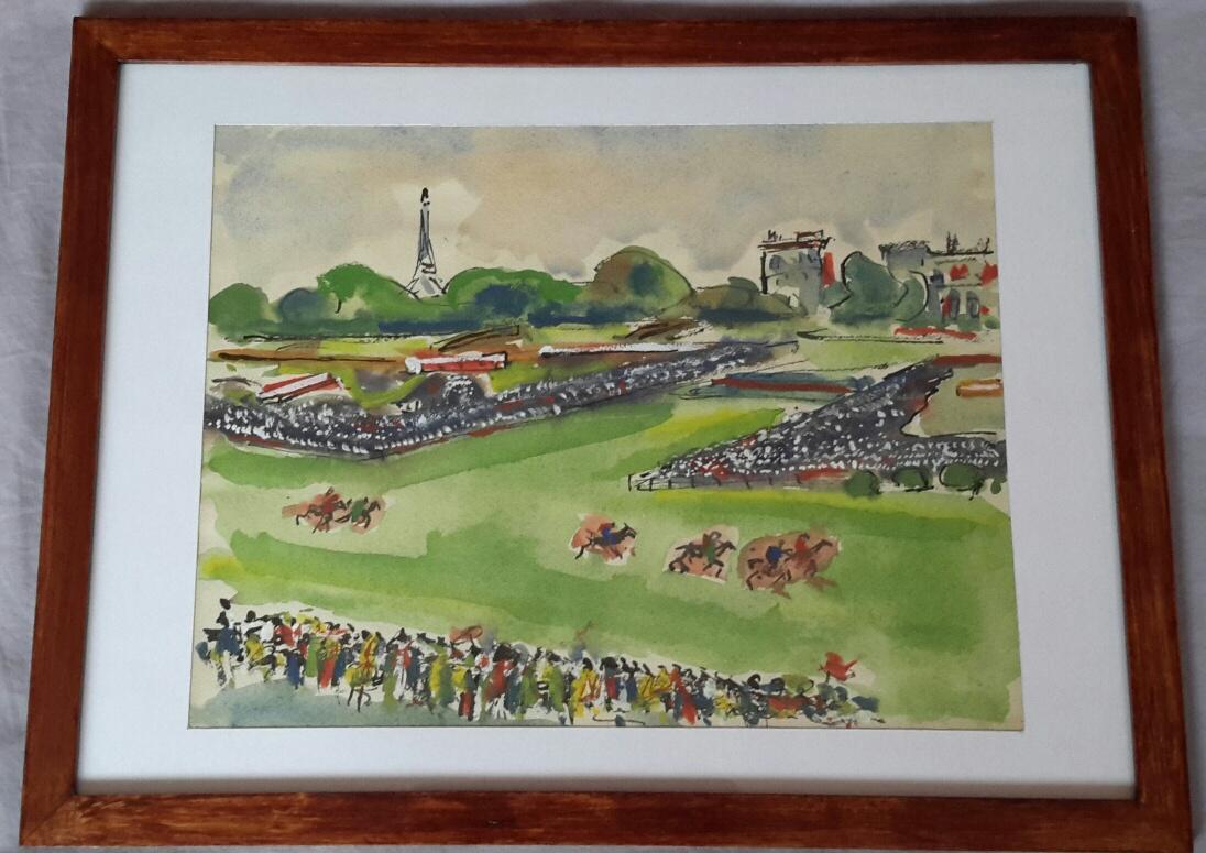 Beautiful french watercolor from 1930-40 realised on Arches vellum paper by a French artist in the style of Raoul Dufy depicting a horse racing scene at Auteuil in Paris 
The scene is figuring a view of the horse racing field with the spectators