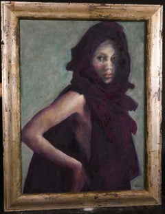 BEAUTIFUL CONTEMPORARY BRITISH PORTRAIT OF SEMI-NUDE LADY - LARGE FRAMED OIL