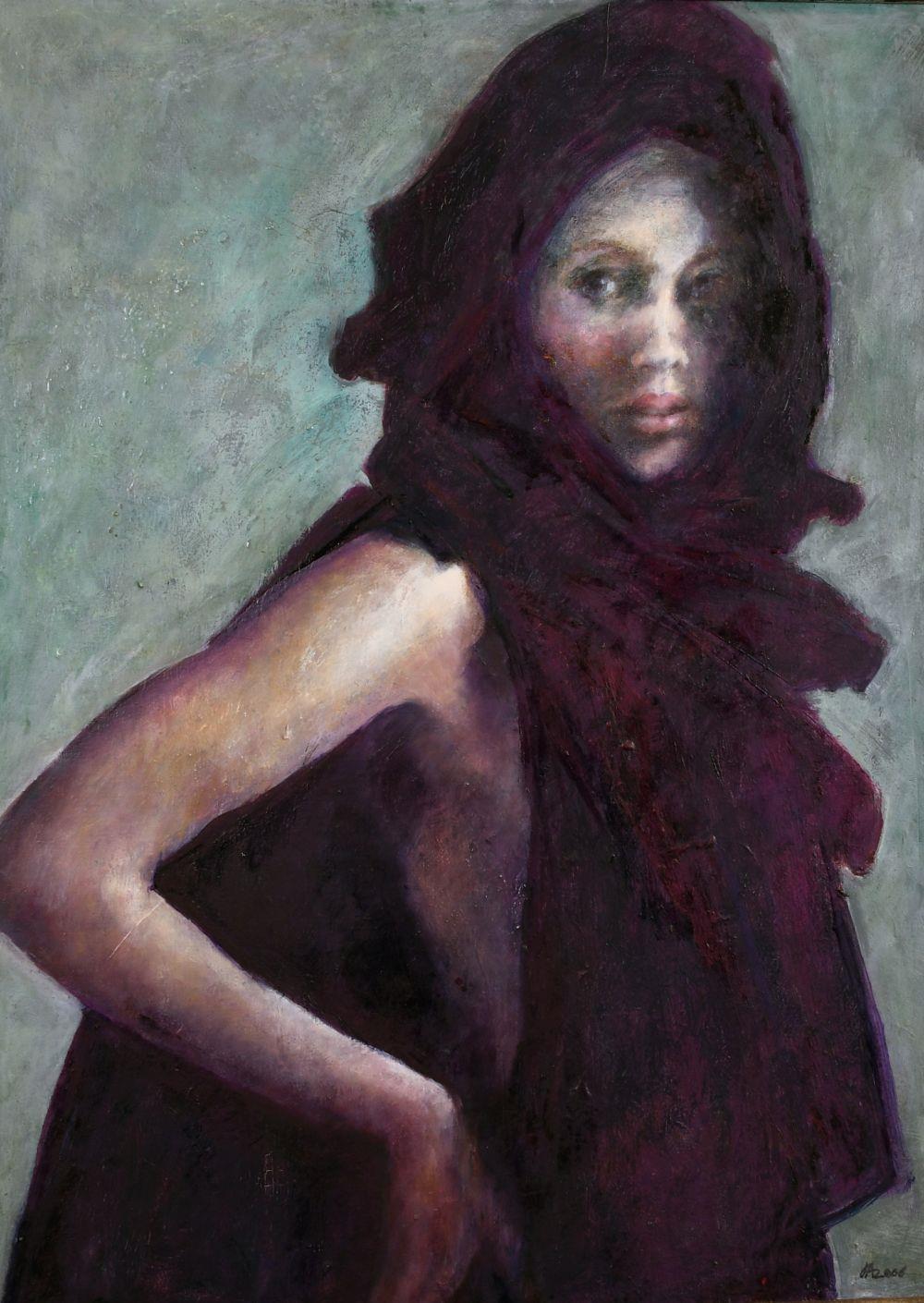 Unknown Figurative Painting - BEAUTIFUL CONTEMPORARY BRITISH PORTRAIT OF SEMI-NUDE LADY - LARGE FRAMED OIL