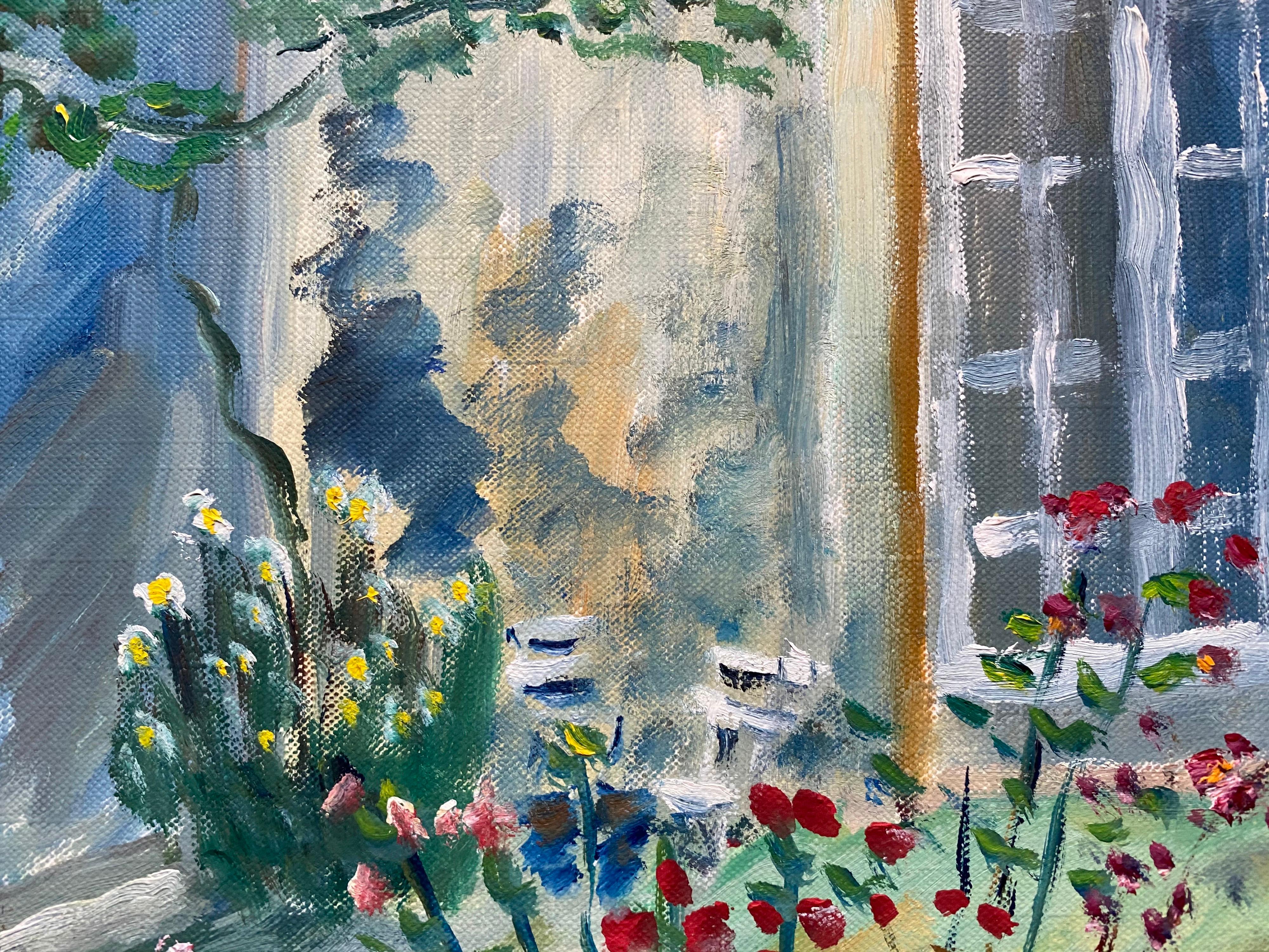 Beautiful French Landscape - Garden Flowers French Original Oil Painting - Gray Still-Life Painting by Unknown