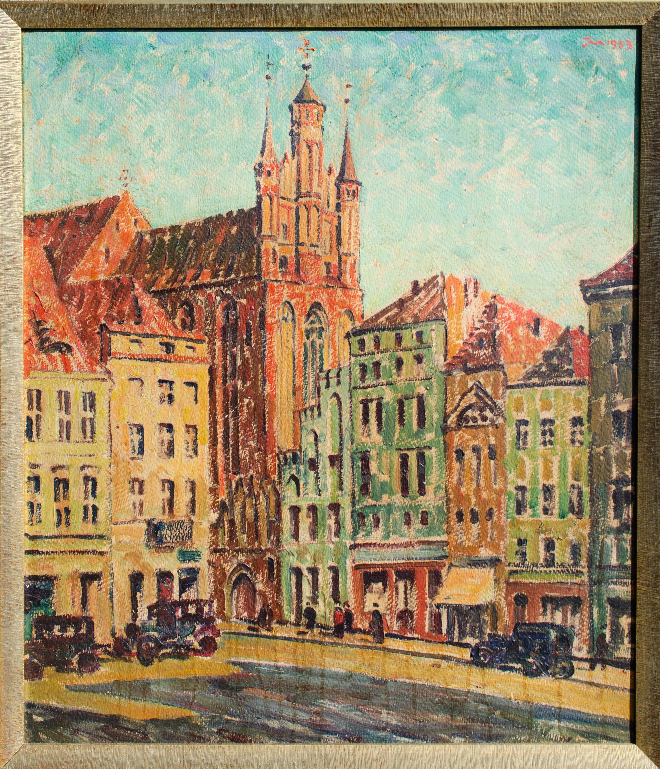 Unknown Figurative Painting – Schönes unleserlich signiertes osteuropäisches Ölgemälde einer Stadt