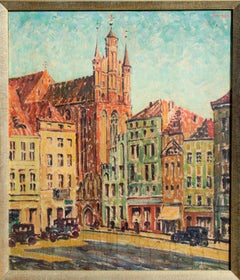 Vintage  Beautiful illegibly signed Eastern European oil painting of a City