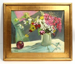 Beautiful modern impressionist floral still life pink red apple signed gold 