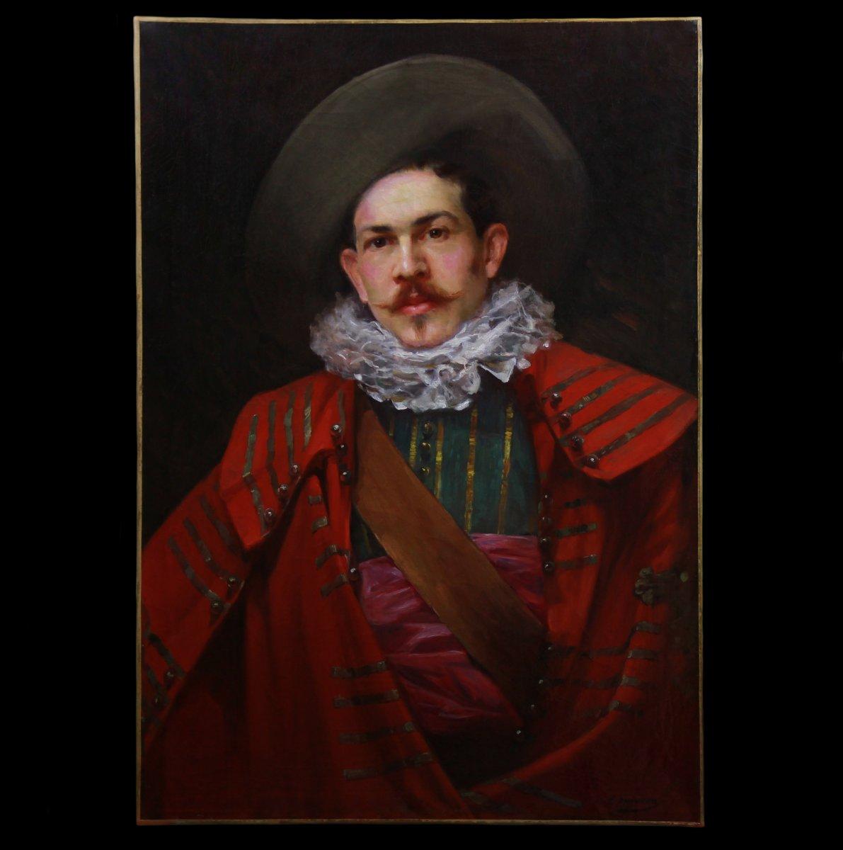 Bellissimo olio su tela, ritratto di moschettiere Scuola francese XIX secolo - Portrait Painting Oro di Unknown