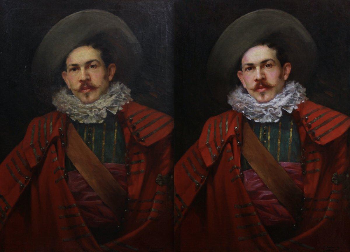 Bellissimo olio su tela, ritratto di moschettiere Scuola francese XIX secolo in vendita 2