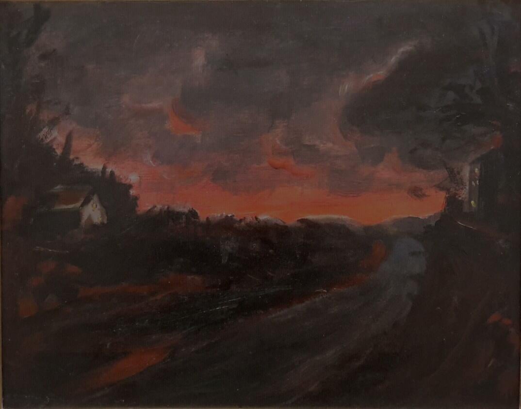 Beautiful post-impressionist style oil on hardboard from the 30's-40's depicting a night landscape with a flamboyant sunset road.
The work is signed lower right by the artist but it is difficult to decrypt.
The contrast of the dark colors and
