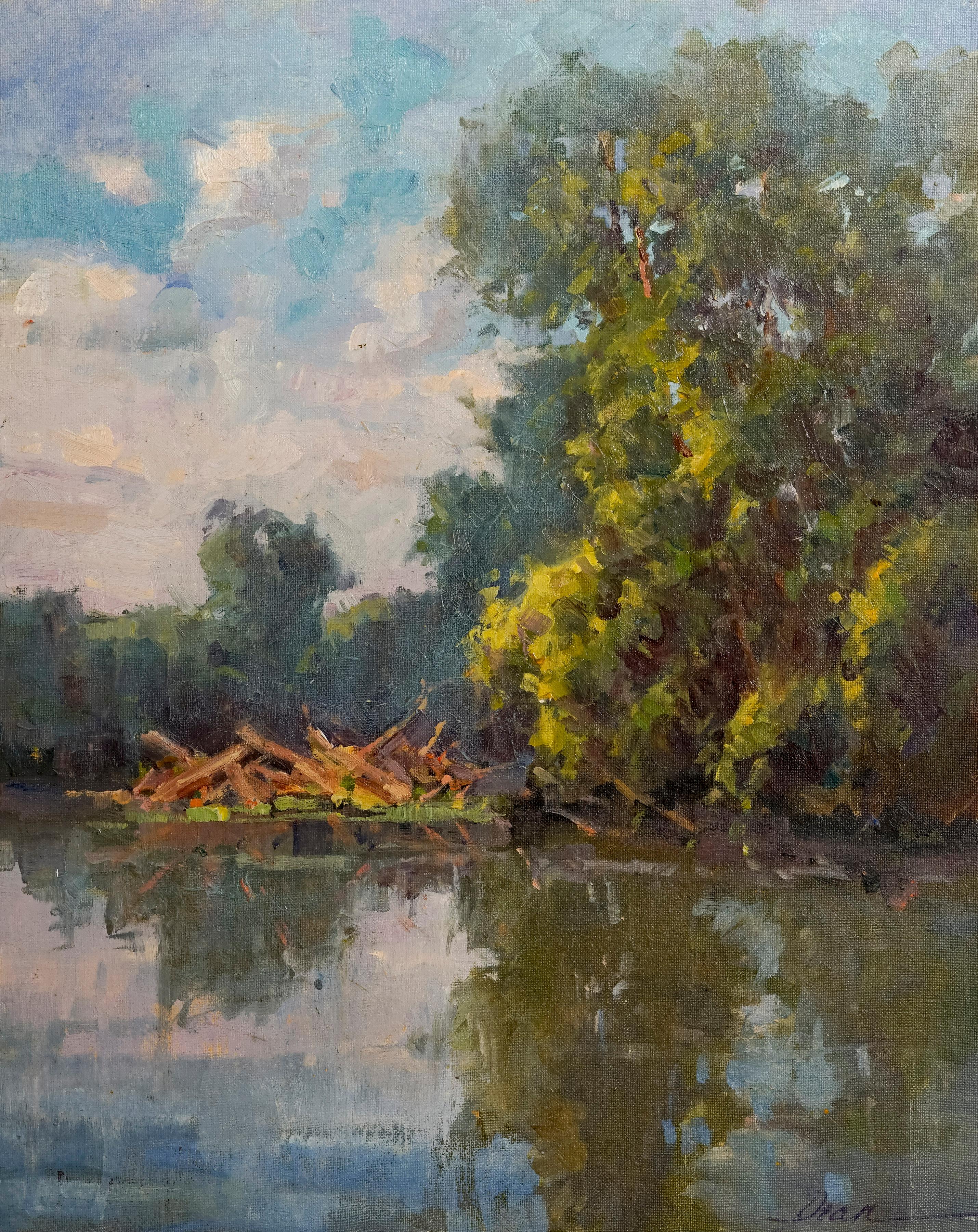 Dee Beard Dean Landscape Painting - Beaver Pond, Plein Air Landscape Original Fine Art Oil on Linen Board