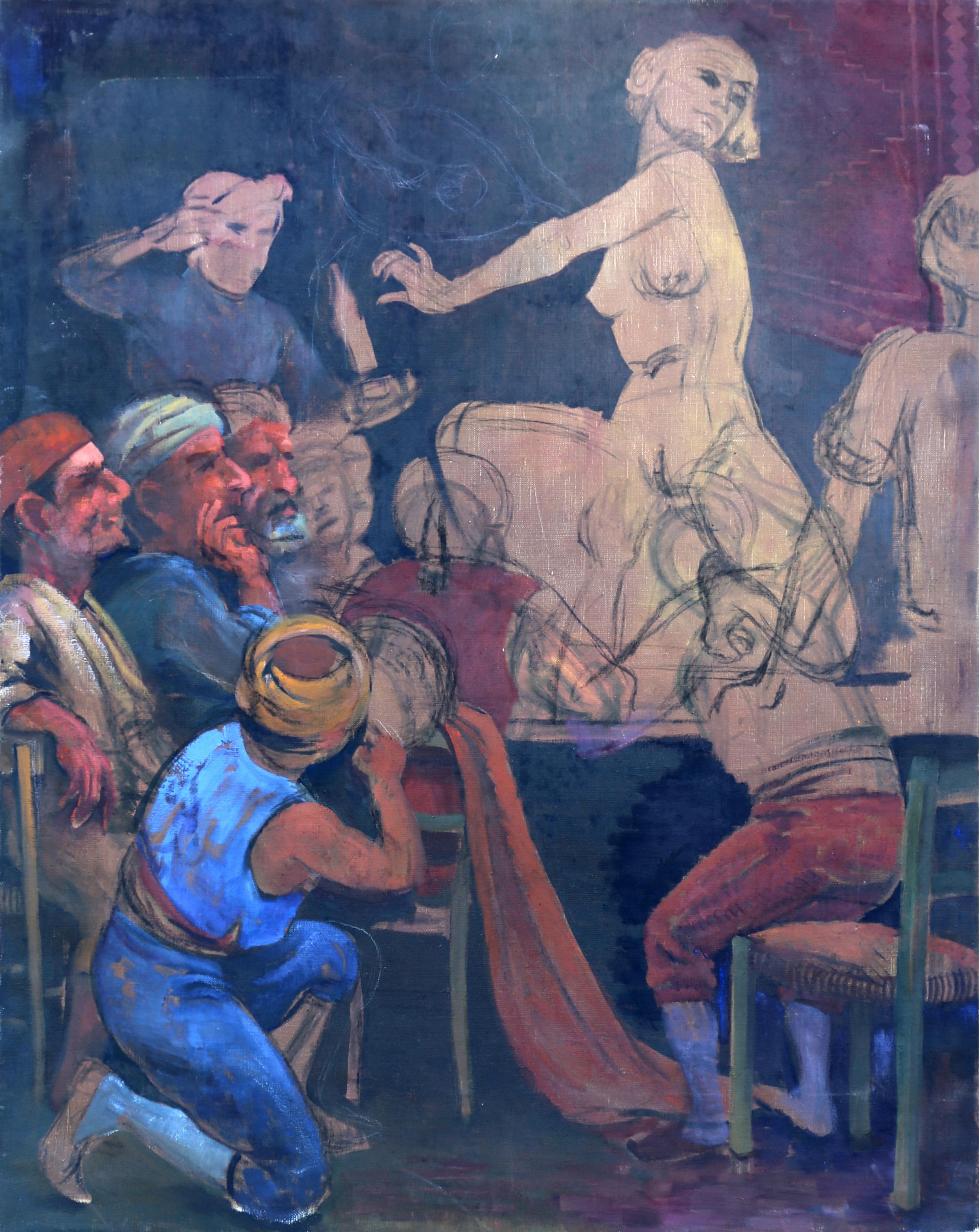 Jalal Gharbi, Tunesier/Amerikaner (1920 - 2005) - Bauchtänzer, Jahr:  ca. 1970, Medium:  Öl auf Leinwand, Größe:  40 x 36 in. (101,6 x 91,44 cm), Beschreibung:  Ein unvollendetes Ölgemälde einer Bauchtänzerin und eines Publikums von Jalal Gharbi
