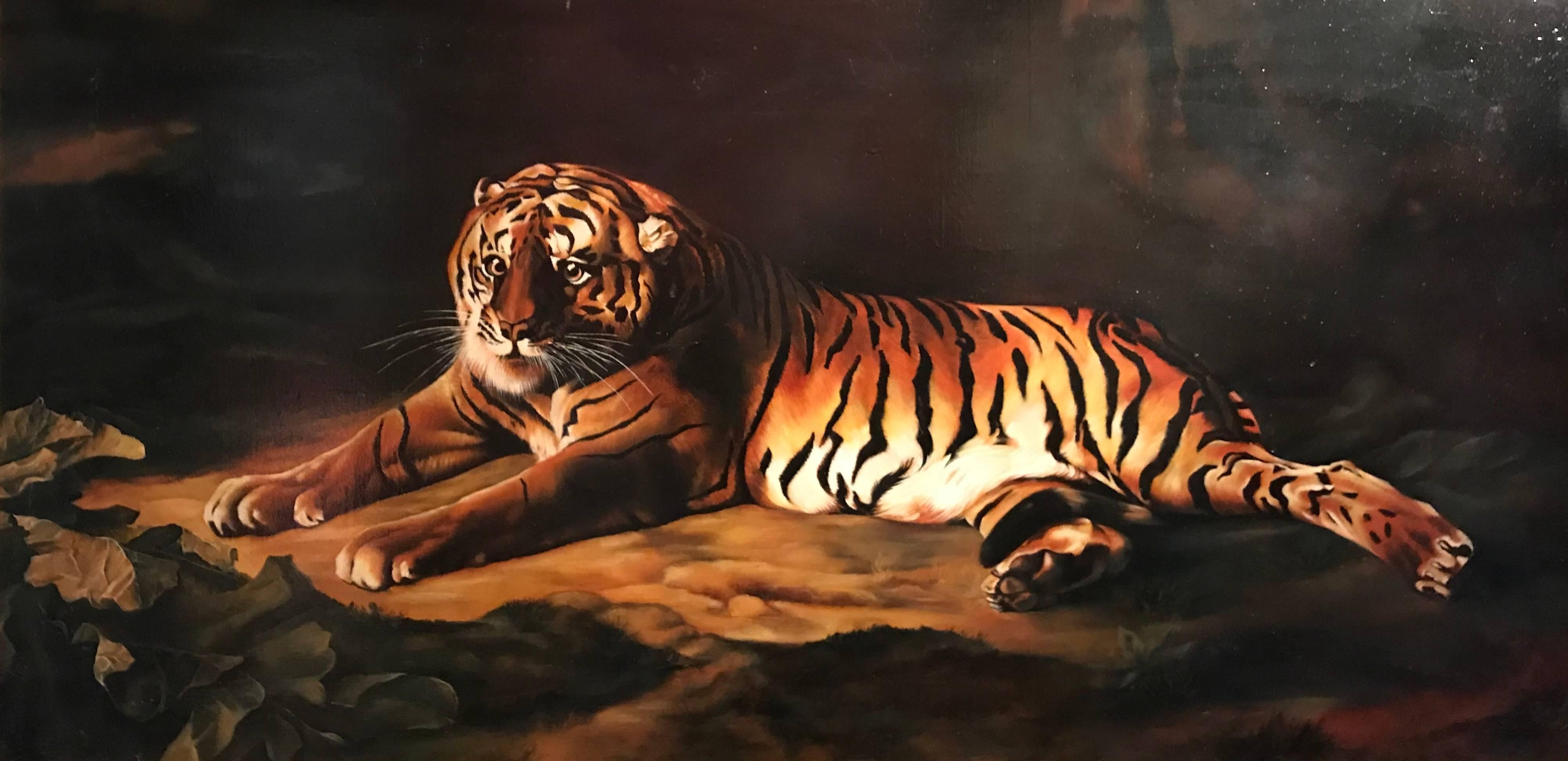 Animal Painting Unknown - Grande peinture à l'huile sur toile tigre du Bengale d'après George Stubbs