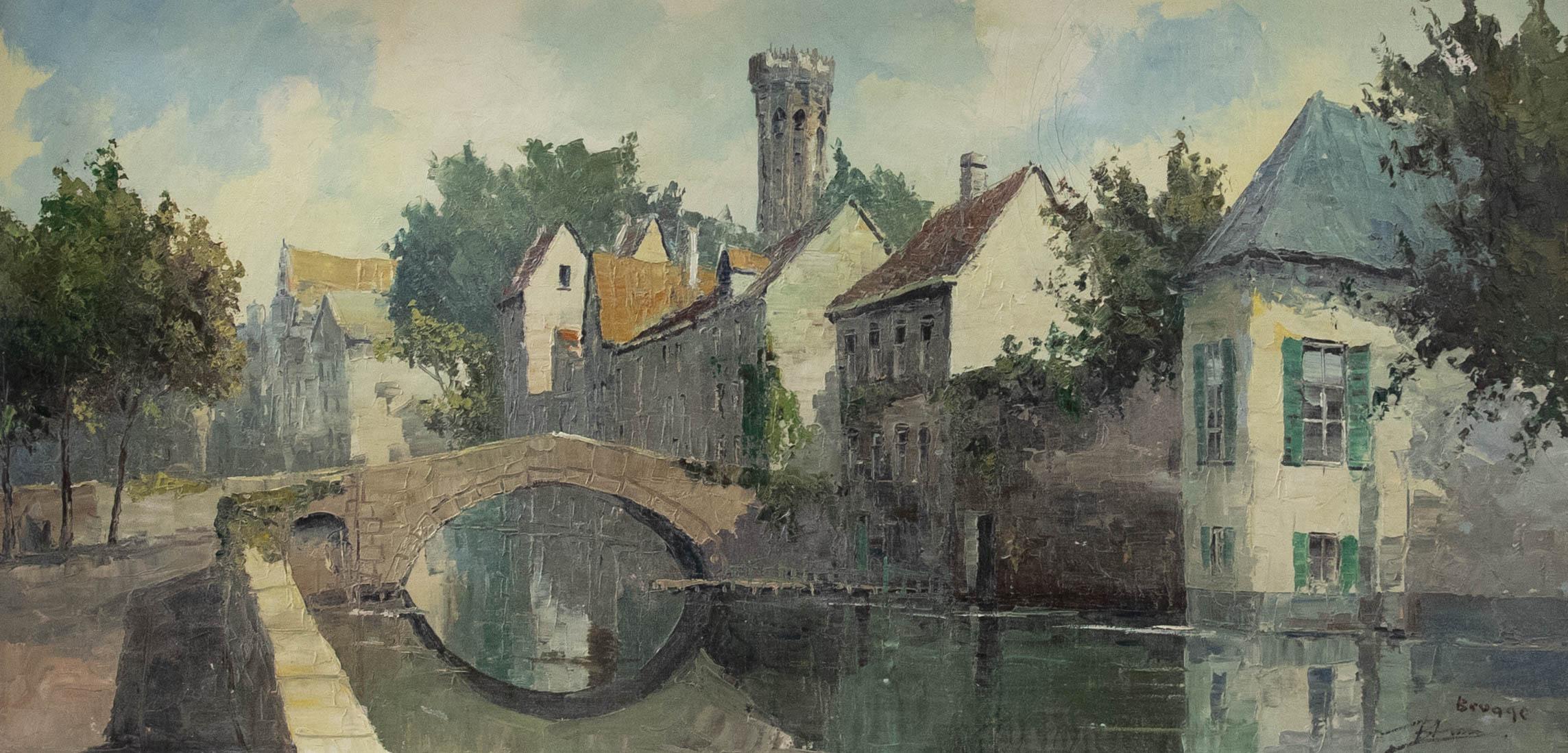 Bernhard Laarhoven (nato nel 1912)  - Olio del XX secolo incorniciato, Ponte sul canale a Bruges - Painting di Unknown