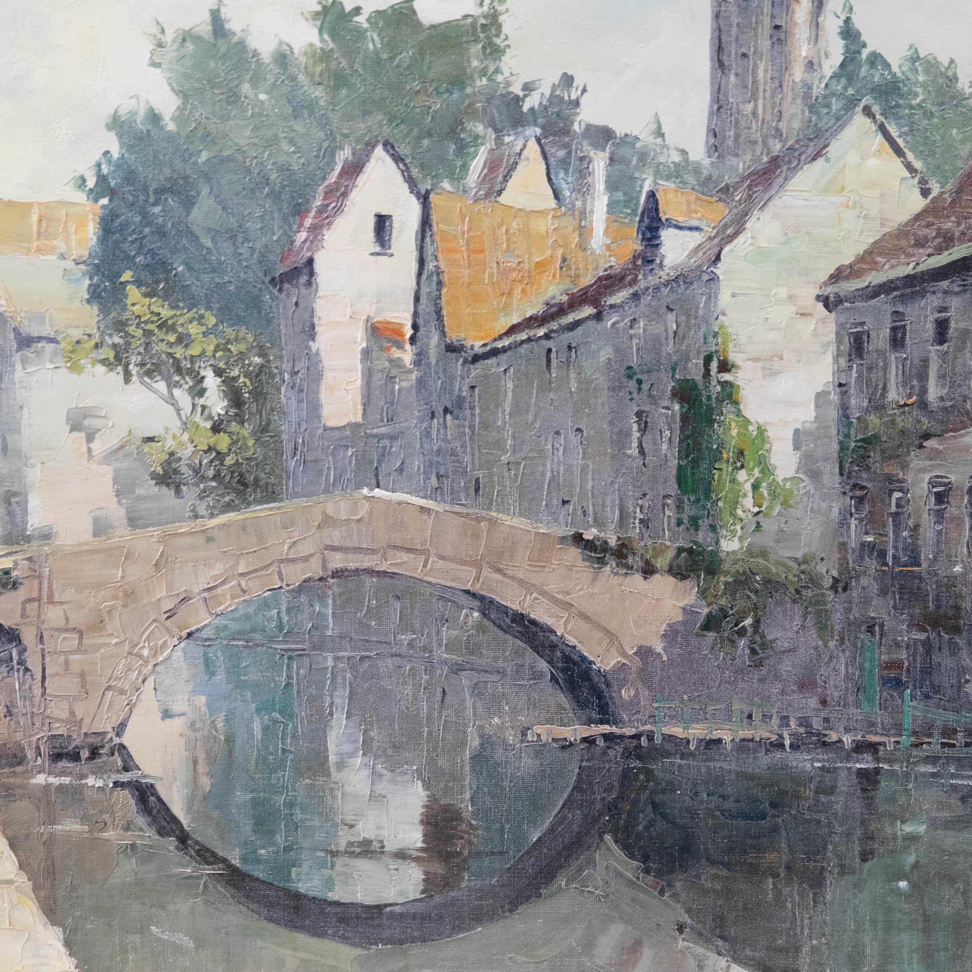 Bernhard Laarhoven (nato nel 1912)  - Olio del XX secolo incorniciato, Ponte sul canale a Bruges 1