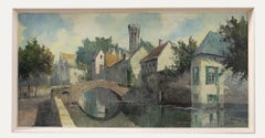 Bernhard Laarhoven (né en 1912) - Huile du 20ème siècle encadrée, pont de canaux à Bruges