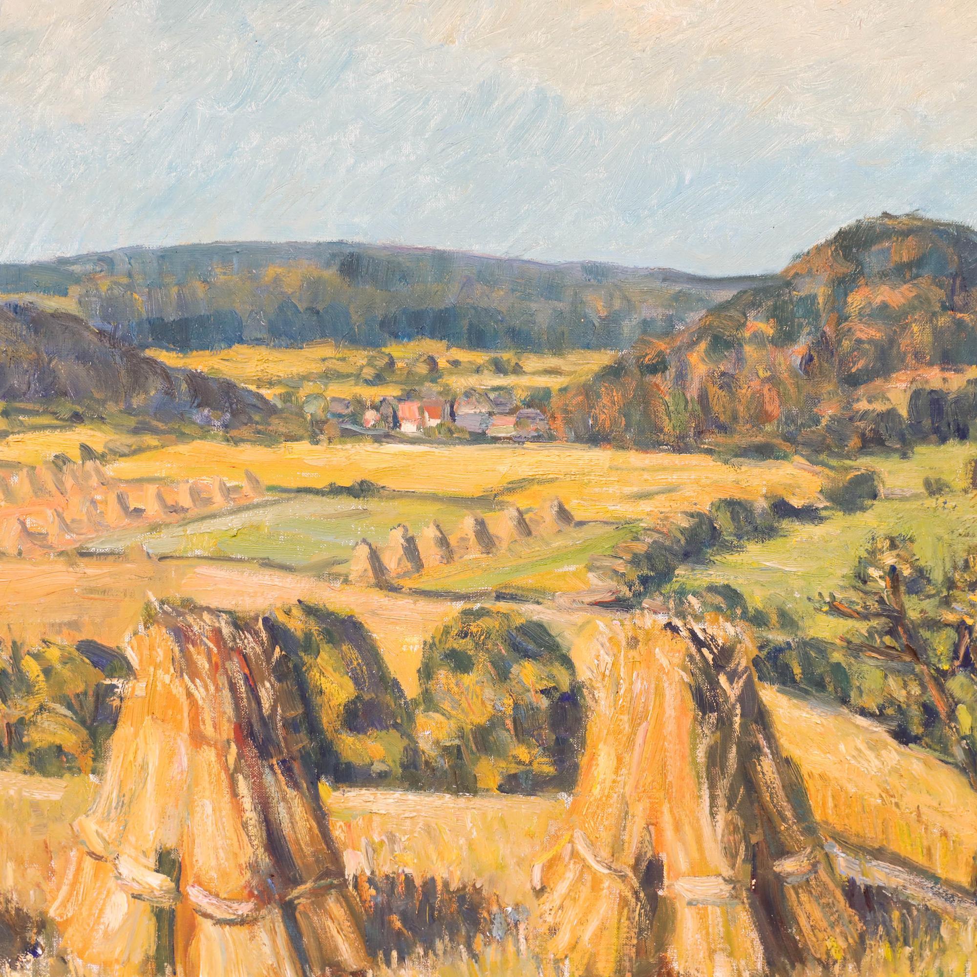This vibrant landscape painting depicts a pastoral scene with golden wheat sheaves scattered across rolling summer fields. The artist employs bold energetic brushstrokes and a palette of warming yellows, greens, and blues to capture the rural
