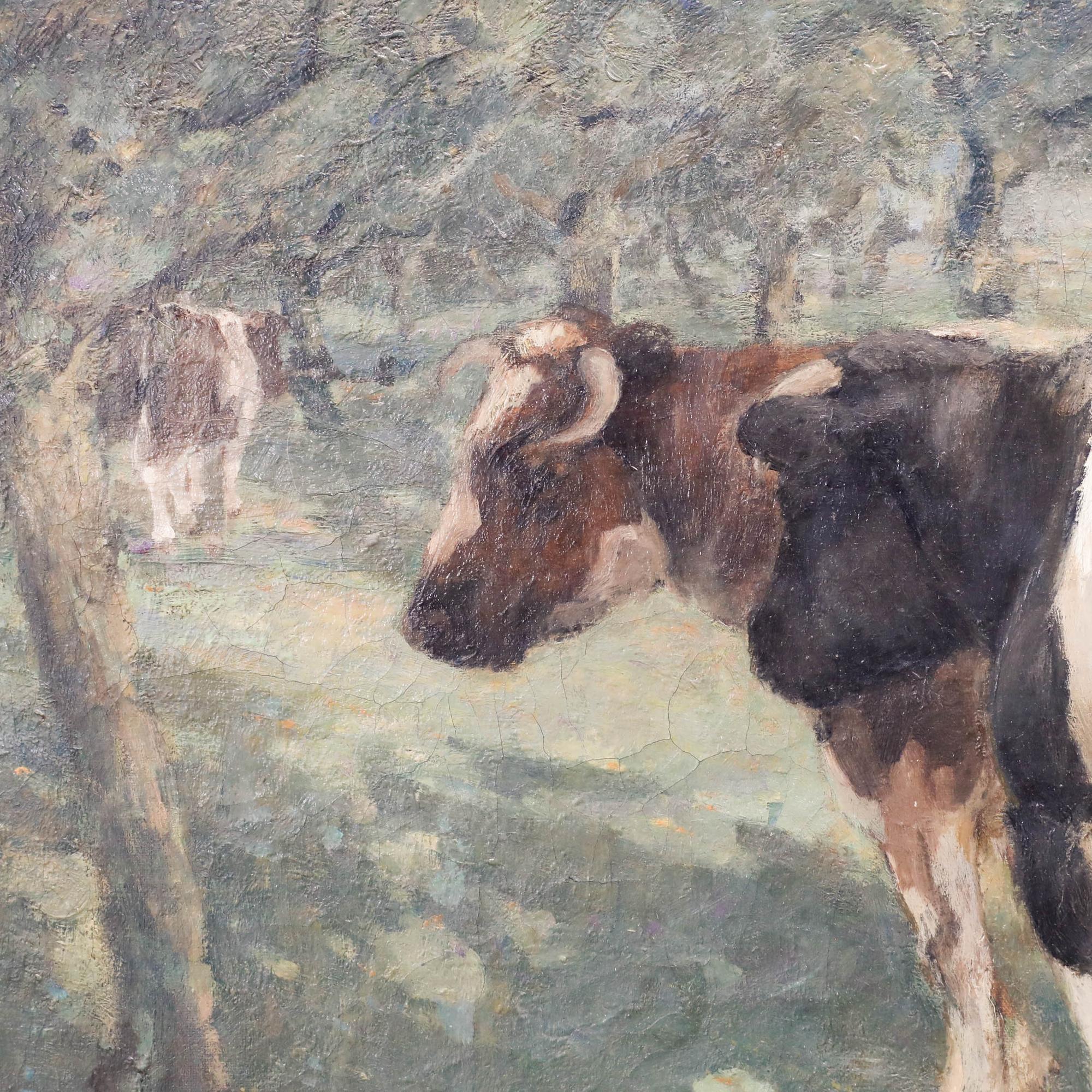 An accomplished, British School, oil by Bertram Walter Priestman (1868-1951), depicting cows resting in dappled shade. The artist's loose, impressionistic brushwork and skilful rendering of natural light effectively capture the interplay of sun and