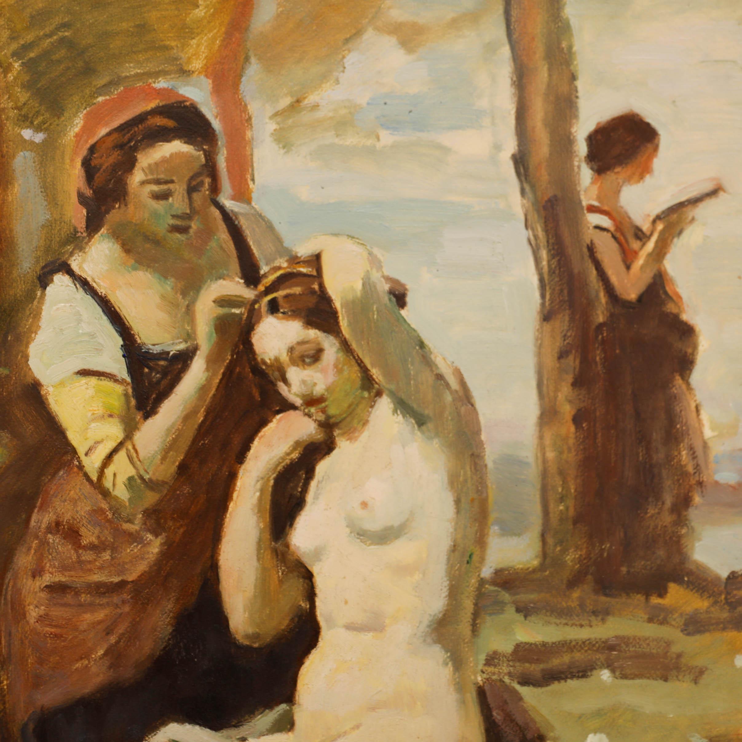 All-female genre scene in the manner of Jean-Baptiste-Camille Corot. Oil on board. Unsigned. Well presented in an ornate gilt-effect frame with elaborate c-scrolling and floral ornamentation. (Provenance: private collection, Paris). 