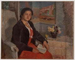 Bertrand Py (1895-1973) - Huile encadrée du milieu du 20e siècle, portrait d'une femme en rouge