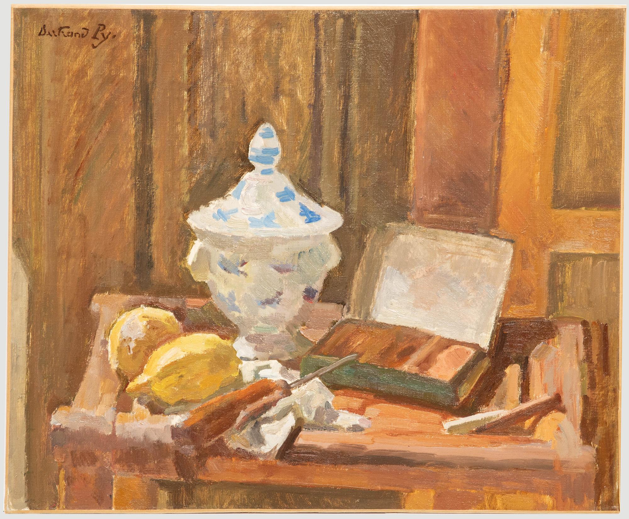 Unknown Still-Life Painting - Bertrand Py (1895-1973) - Mid 20th Century Oil, Blue Lidded Pot with Lemons