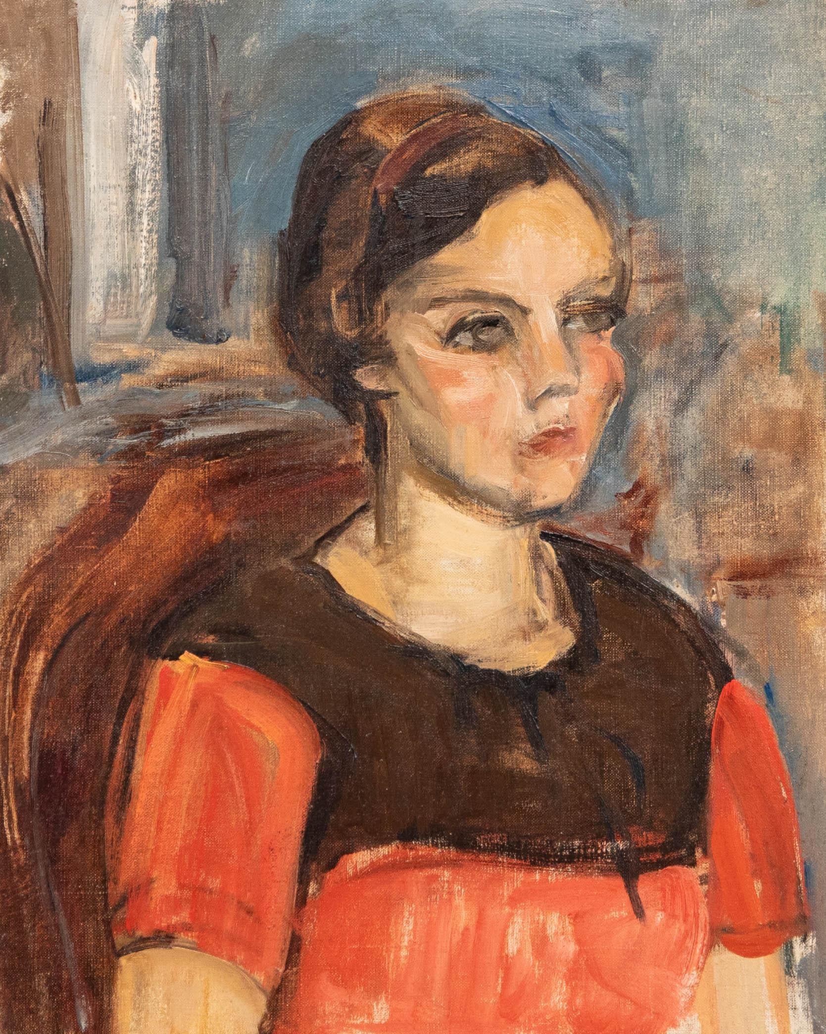 Bertrand Py (1895-1973) - Huile du milieu du 20e siècle, dame en rouge - Painting de Unknown