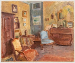 Bertrand Py (1895-1973) - Huile du milieu du 20e siècle, salon avec fauteuil bleu