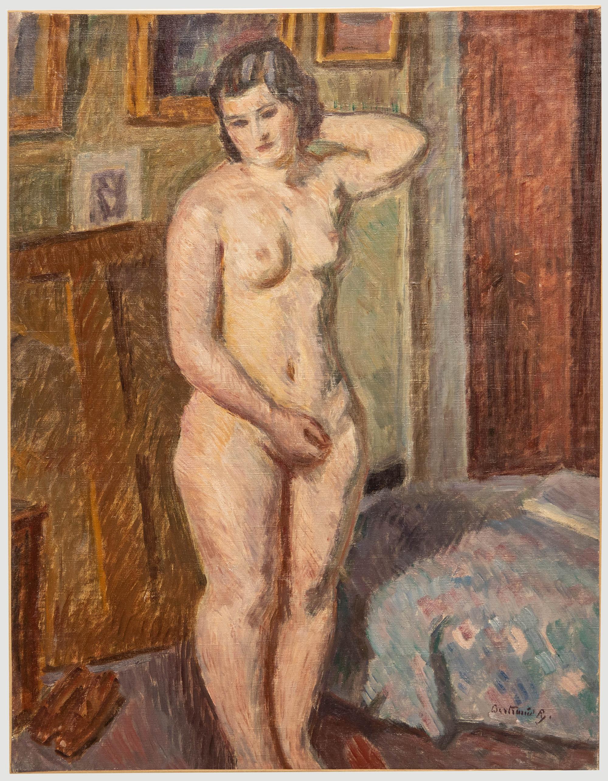 Nude Painting Unknown - Bertrand Py (1895-1973) - Huile du milieu du 20e siècle, étude d'un nu dans l'atelier