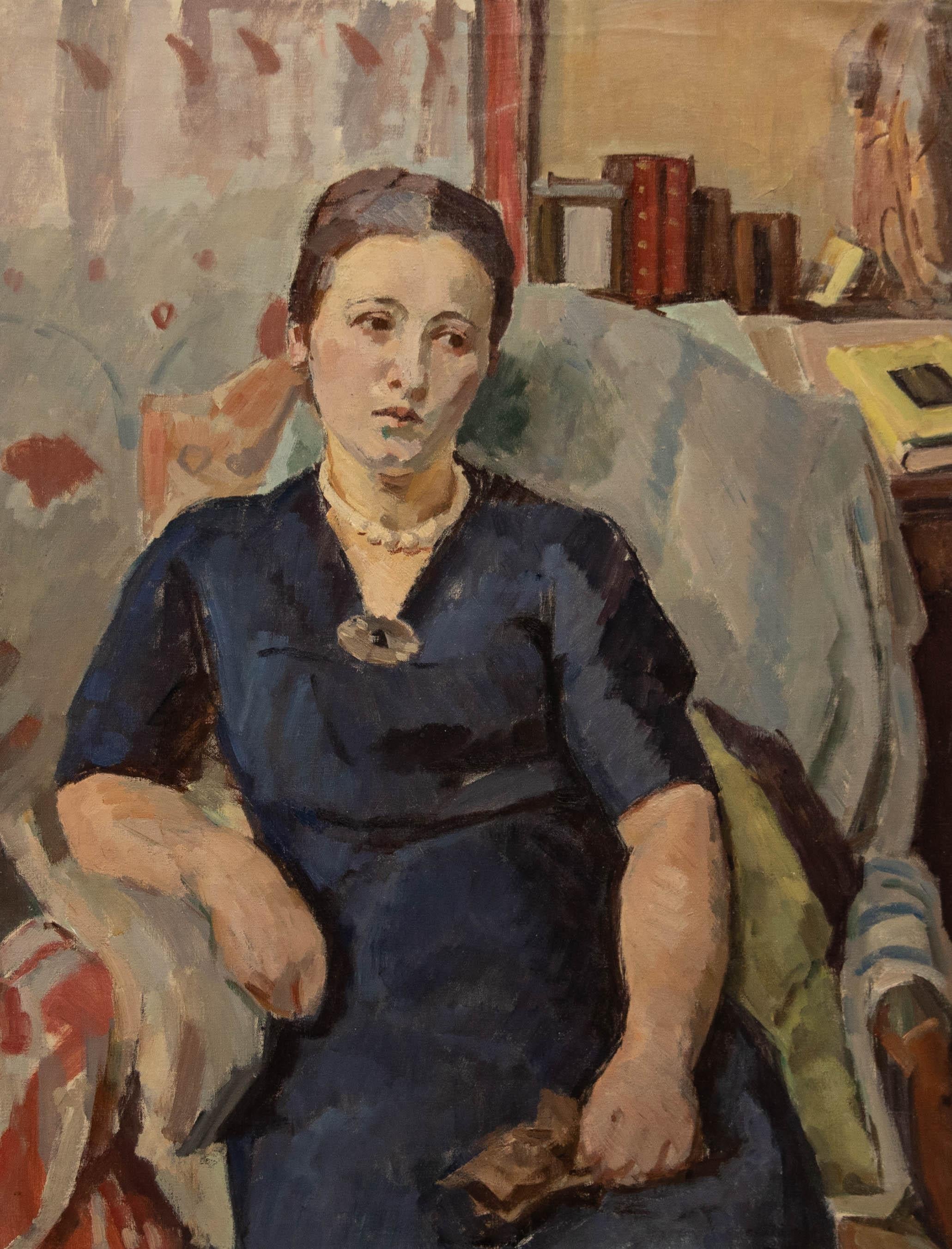 Bertrand Py (1895-1973) - Olio della metà del XX secolo, Ritratto di signora in blu - Painting di Unknown