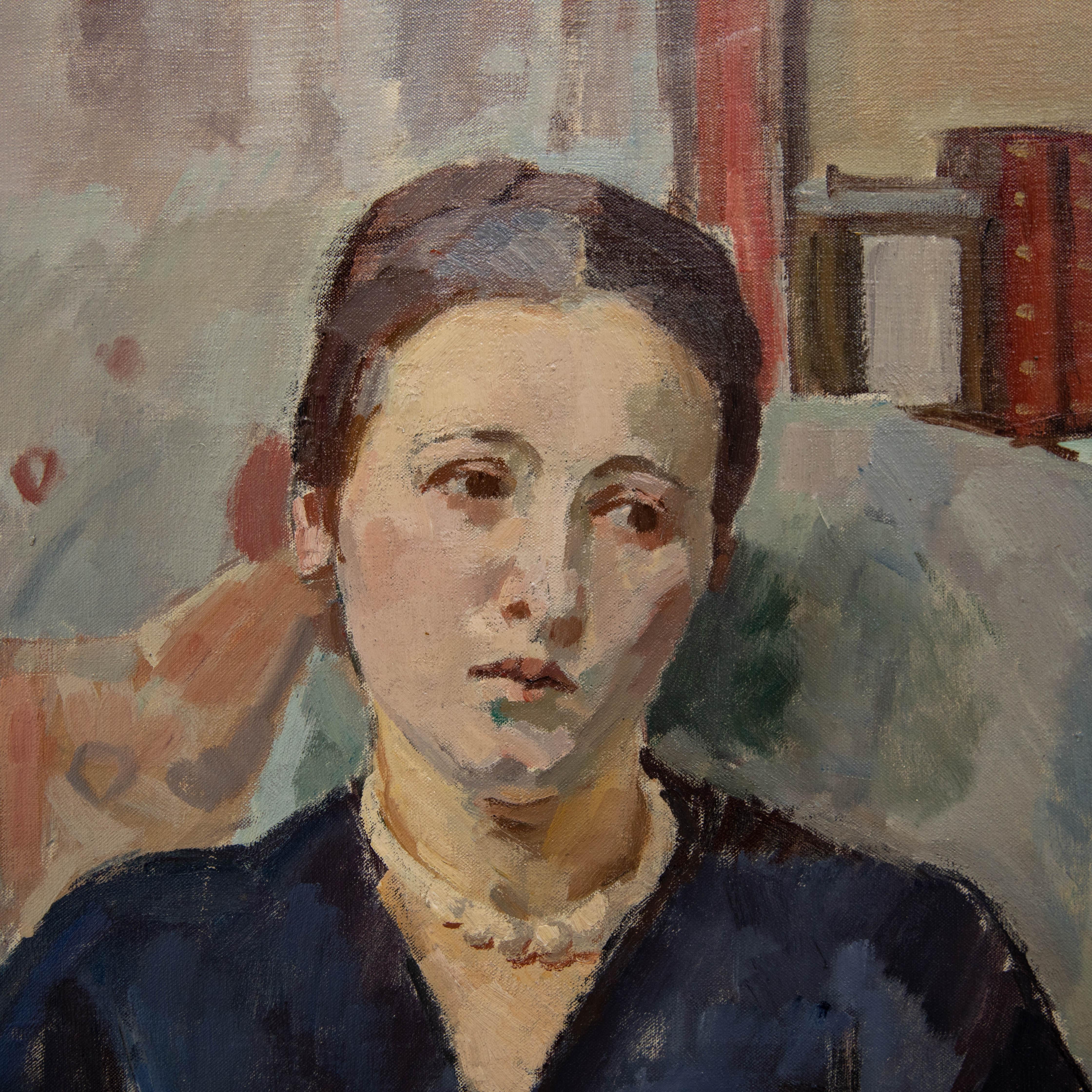 Bertrand Py (1895-1973) - Olio della metà del XX secolo, Ritratto di signora in blu 1