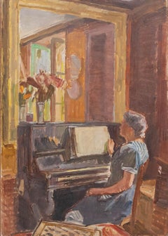 Bertrand Py (1895-1973) - Huile du milieu du 20e siècle, assise au piano