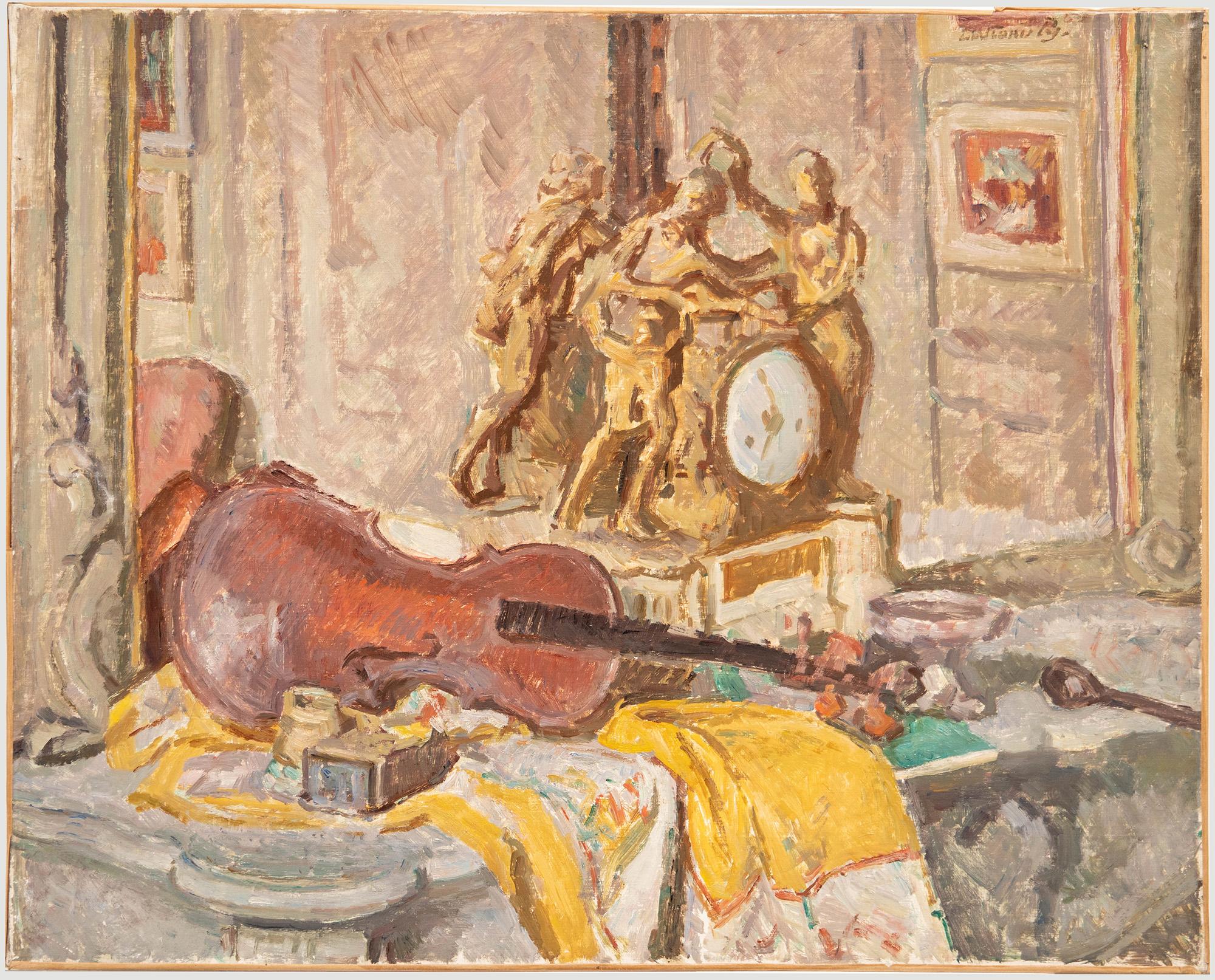 Still-Life Painting Unknown - Bertrand Py (1895-1973) - Huile du milieu du XXe siècle, Nature morte au violon