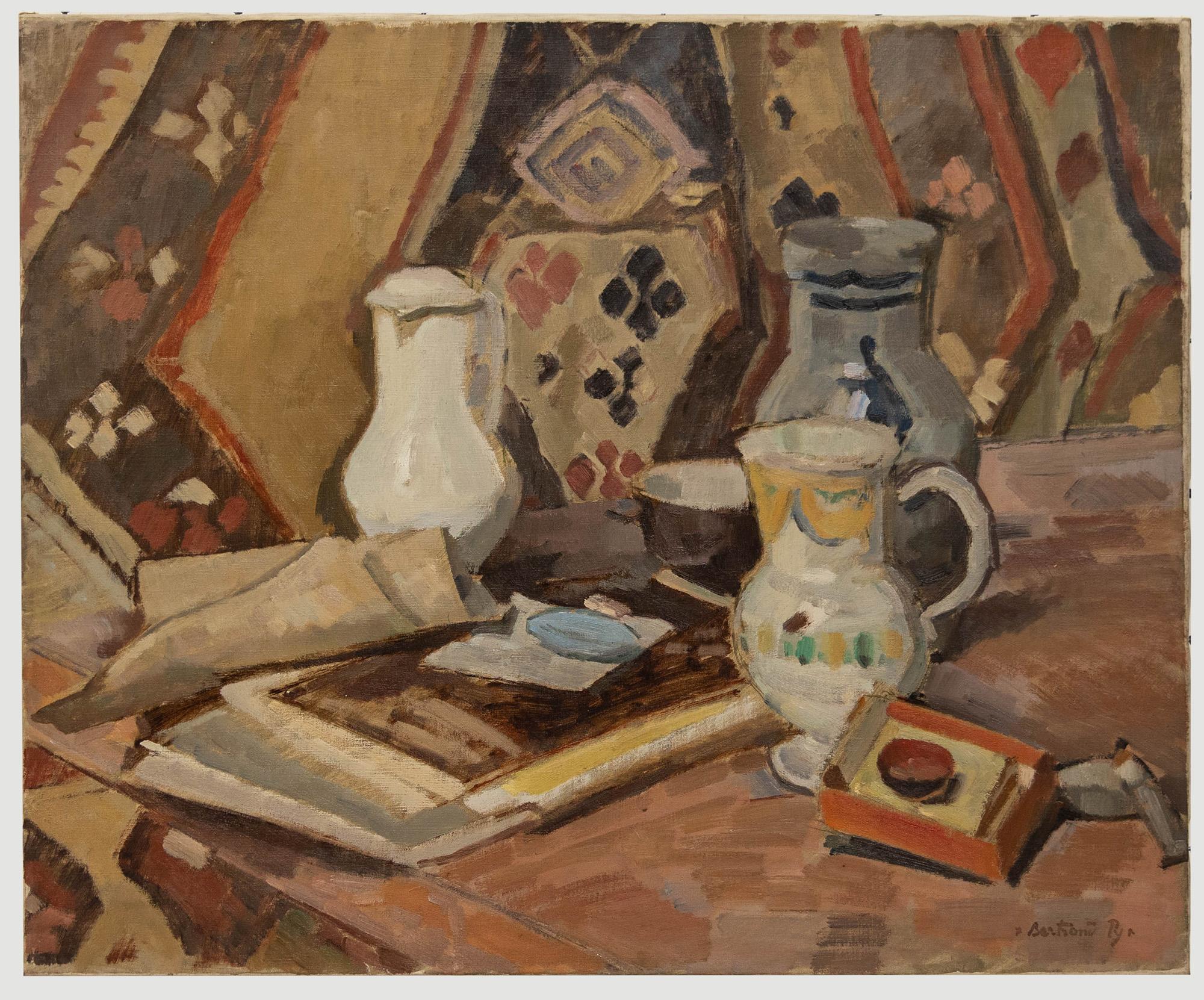 Unknown Still-Life Painting - Bertrand Py (1895-1973) - Mid 20th Century Oil, Still Life with Three Jugs
