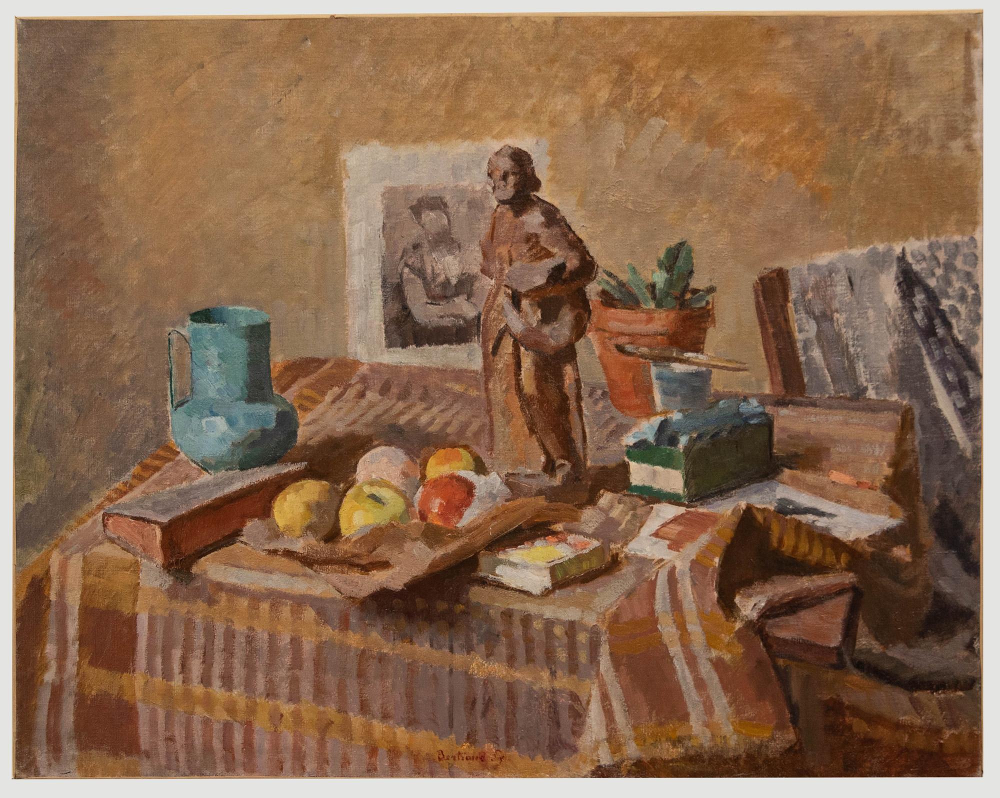 Unknown Still-Life Painting – Bertrand Py (1895-1973) - Ölgemälde, Das Ateliertisch, Mitte des 20. Jahrhunderts
