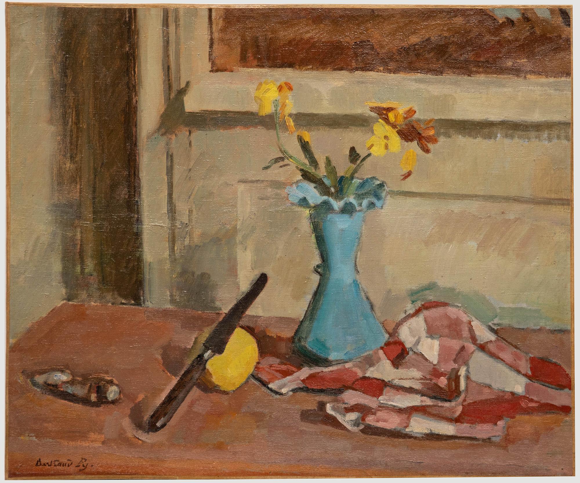 Still-Life Painting Unknown - Bertrand Py (1895-1973) - Huile du milieu du 20e siècle, le vase en verre bleu
