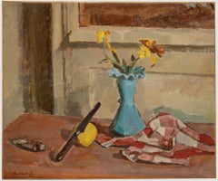 Bertrand Py (1895-1973) - Huile du milieu du 20e siècle, le vase en verre bleu