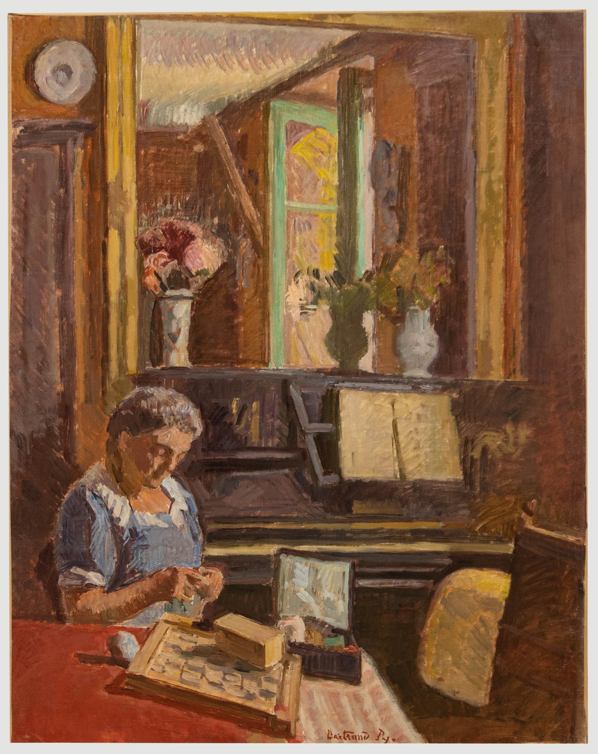 Unknown Interior Painting - Bertrand Py (1895-1973) - Mid 20th Century Oil, The Seamstress