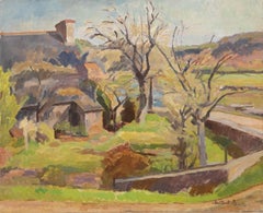 Bertrand Py (1895-1973) - Huile du milieu du 20e siècle, ferme à deux arbres