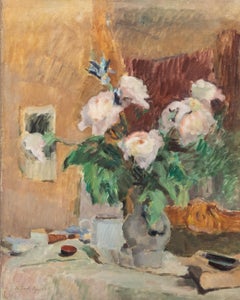 Bertrand Py (1895-1973) - Huile du milieu du 20e siècle, vase de roses