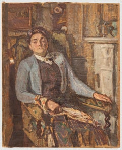 Bertrand Py (1895-1973) - Huile du milieu du 20e siècle, femme avec éventail et boléro bleu